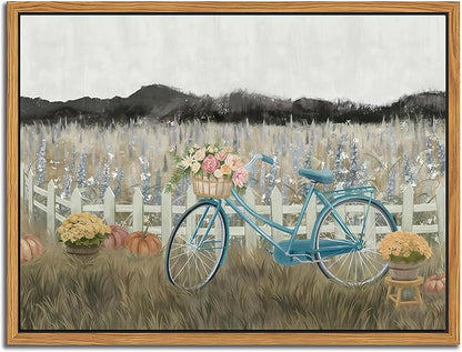 Floating Framed Canvas Wall Art, Vintage Blue Bicycle Flower Basket Wall Decor, Country Nature Landscape Wildflower Poster Print Paintings for Bathroom Living Room Bedroom Home Decor 16x24 inch