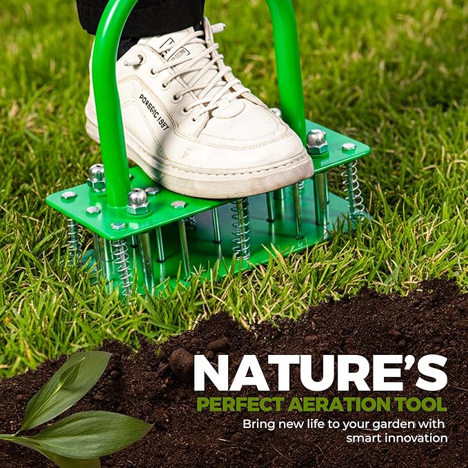 Manual Aerator Lawn Tool With 15 Iron Spikes, 6-Spring Self-Cleaning Heavy-Duty Lawn Aerator Tool - Automatic Reset & Dirt / Leaf Clean System For Soil Loosening & Dethatching In Yard, Patio & Garden