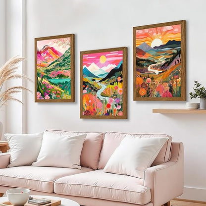 DUWQU 3 Piece Colorful Watercolor Mountain Canvas Wall Art Boho Floral Painting Picture Wall Decor Abstract Nature Landscape Poster Print Artwork for Living Room Bedroom Office 16x24 Inch Wood Frames
