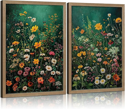 Framed Vintage Canvas Wall Art Vivid Garden Botanical Style Poster Picture Countryside Painting Nature Scenery Modern Home Print Living Room Gallery Office Ready to Hang 12x16 Inch x2