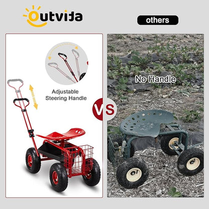 Outvita Garden Cart Rolling Workseat with Wheels, Gardening Stool with Adjustable 360 Degree Swivel Seat, Extendable Handle, Tool Tray & Storage Basket, Gardening Scooter for Yard, Planting, Red
