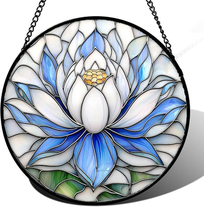 Stained Glass Window Hanging - Blue and White Lotus Petal Suncatcher for Doors Window Home Sun Catchers Decor Christmas Mother's Day July Birthday Gifts for Teacher Women Men Mom Nana 7.8 in