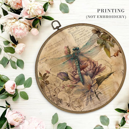 MAQIKA Farmhouse Dragonfly Framed Wall Art Decor, Dragonfly Wall Decor, Dragon Fly Floral Round Wall Hanging Decor, Vintage Dragonflies Canvas Prints Wall Art for Bathroom Living Room Home, 10x10 Inch