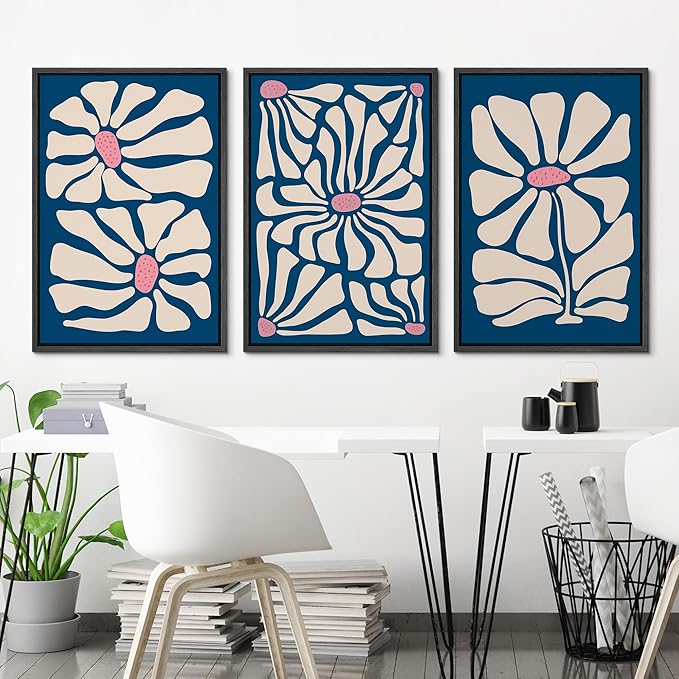 Ashbrook Framed Canvas Print Wall Art Set Mid-Century Modern Navy Blue Flowers Nature Wilderness Illustrations Modern Art Floral Botanical Minimal Calm/Relax/Cozy for Bedroom - 24"x36"x3 Black
