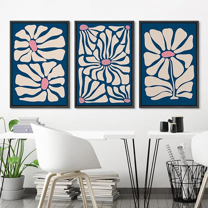 Ashbrook Framed Canvas Print Wall Art Set Mid-Century Modern Navy BLue FLowers Nature Wilderness Illustrations Modern Art Floral Botanical Minimal Calm/Relax/Cozy for Bedroom - 16"x24"x3 BLACK