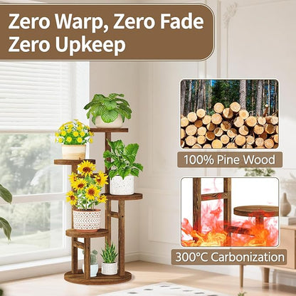 LASZOLA Black 4 Tiered Wooden Plant Stand Indoor with Heavy Duty Planter, Large Multiple Level Vertical Flower Rack for Narrow Corner, Sturdy Rustic Shelving Organizer Holder for Modern House Bathroom