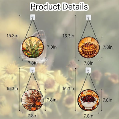 Stained Glass Window Hanging 4 Pcs Set Brown Turkey Berry Corn 7.8" - Suncatcher Door Garden Sun Catcher Decor Birthday Thanksgiving Mother's Day for Mom Woman Nana Men