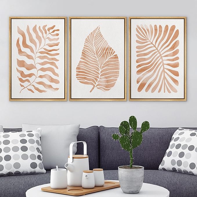Ashbrook Framed Canvas Print Wall Art Set Orange Tropical Plant Silhouettes Nature Wilderness Illustrations Modern Art Rustic Chic Colorful for Living Room, Bedroom, Office - 16"x24"x3 Natural