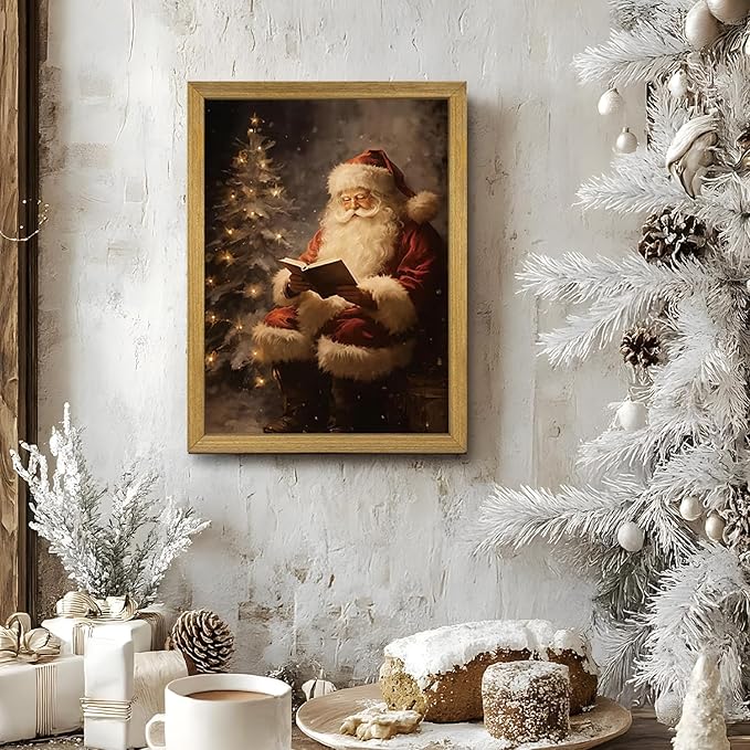 Wood Framed Vintage Santa Claus Wall Art, Classic Christmas Canvas Oil Painting, Rustic Holiday Winter Home Wall Decor Picture, Christmas Gift for Living Room Bedroom Kids Room 8x10 Inch