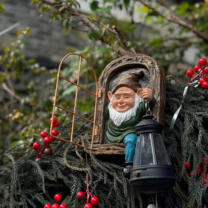 Gnomes Statue with Solar Lights Christmas Decorations Whimsical Fairy Garden-Elf Outdoor Tree Hugger Garden Statues- Tree Face Sculpture, Yard Art for Patio,Fence,Lawn,Wall Gnomes Ornament