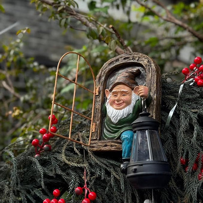 Gnomes Statue with Solar Lights Christmas Decorations Whimsical Fairy Garden-Elf Outdoor Tree Hugger Garden Statues- Tree Face Sculpture, Yard Art for Patio,Fence,Lawn,Wall Gnomes Ornament