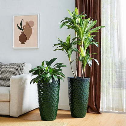 Glitzhome 23.75" H Oversized Tall Planter, Large Planters for Outdoor Plants, Set of 2 Honeycomb Textured Gradient Green Tall Planters with Drainage Holes, Modern Flower Pots for Porch Indoor Garden