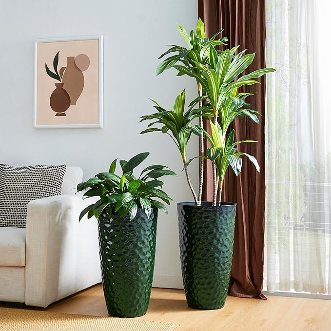 Glitzhome Set of 2 Tall Plastic Planters 23.75"H Eco-Friendly Honeycomb Textured Outdoor Indoor Garden Pots for Porch Patio, Large Modern Deck Plant Container with Easy Knock-out Drainage Holes, Green