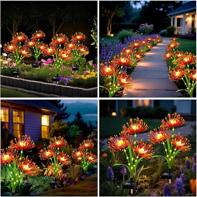 Solar Garden Flower Lights Outdoor,2 Pack 6-Head Orange Spider Lily Waterproof with Glowing Stems,Elegant Yard & Patio Decor,Ideal Thanksgiving,Christmas & Gardening Gifts for Women,Mothers & Grandma