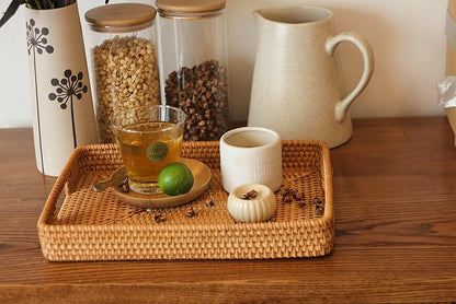 Rectangular Wicker Serving Tray | Set of 2 | Handmade Woven Rattan Storage Basket | Decorative Coffee Tabletop Tray | Boho Flat Bathroom Organizer - (L- 15.4""x2.4"" M- 13.7""x 2"")