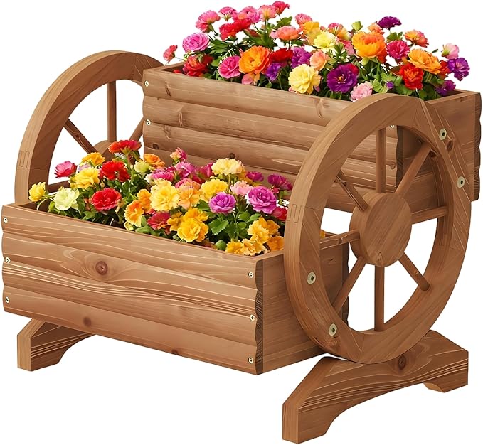 Wooden Wagon Planter Outdoor Flower Cart with Wheels Garden Planter, Decor Planter for Patio Balcony Decoration Succulent Flower Pot for Indoor Backyard Balcon Yard Decor planters for Outdoor Plants