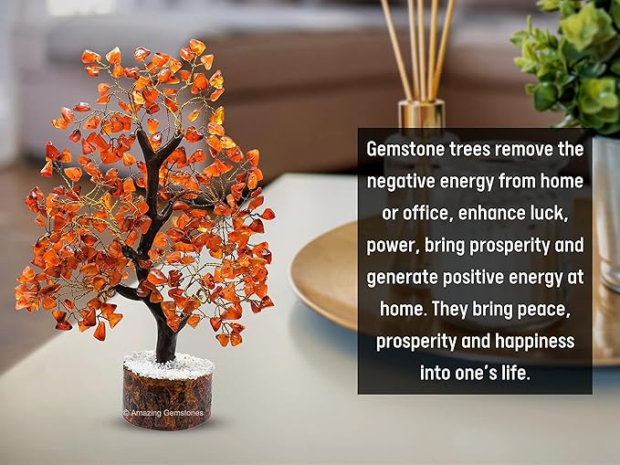 Amazing Gemstone Carnelian Natural Healing Crystal Bonsai Feng Shui Fortune Money Tree of Life for Home Office Decor, 10-12 Inch