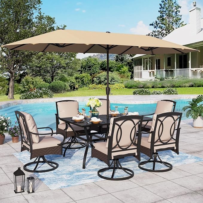 Sophia & William Patio Table and Chairs with 13ft Double-Sided Umbrella, 8 Piece Outdoor Dining Furniture Set with 6 Padded Patio Swivel Dining Chairs, 1 Rectangular Metal Patio Table & 1 Umbrella
