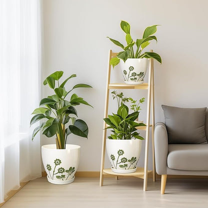 Ceramic Planters - 10+8+6 Inch Plant Pots with Drainage Holes and Saucers, Boho Decorative Round Flower Pots for Indoor Outdoor Plants, Housewarming Gifts, Office Decor, Set of 3, White