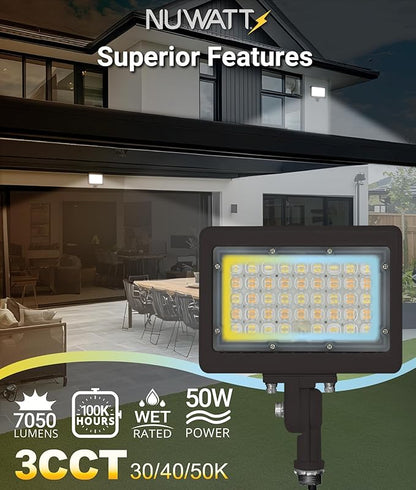 NUWATT 50W LED Flood Light, 3CCT 3000K/4000K/5000K Selectable, IP65 Waterproof Lighting, Adjustable Knuckle Mount, 7050LM, 0-10V Dimmable, 120-277V, Outdoor Security Floodlight for Yard, Bronze, UL