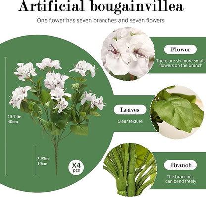 4 Pcs Artificial Flowers Bougainvillea Outdoor Artificial Plants Faux Flowers with Stems Silk Flowers for Wedding Porch Living Garden Decor Without Vase (4PCS,White)