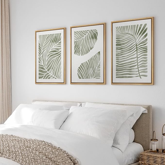 Ashbrook Framed Canvas Print Wall Art Set Abstract Jungle Green Pastel Plants Nature Wilderness Illustrations Modern Art Rustic Chic Colorful for Living Room, Bedroom, Office - 16"x24"x3 Natural