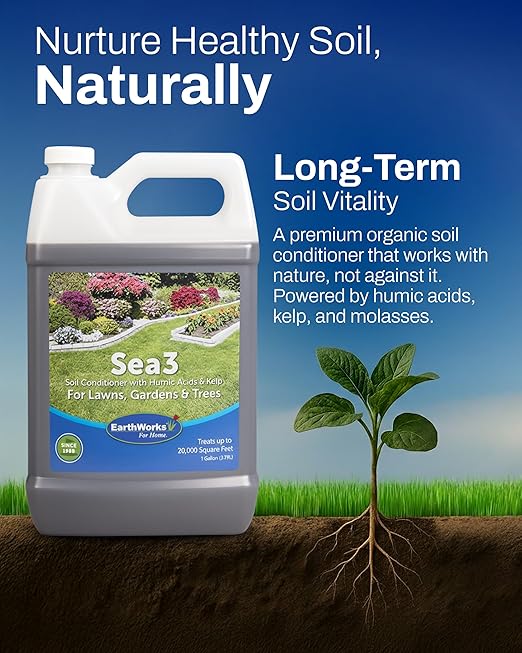 Sea3 Soil Conditioner | Organic Liquid Fertilizer with Humic Acids, Kelp & Molasses for Healthier Lawns, Vibrant Gardens & Resilient Plants, 1 Gallon