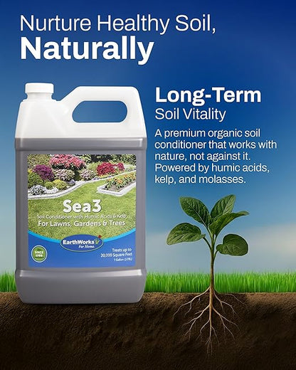 Sea3 Soil Conditioner | Organic Liquid Fertilizer with Humic Acids, Kelp & Molasses for Healthier Lawns, Vibrant Gardens & Resilient Plants, 1 Gallon