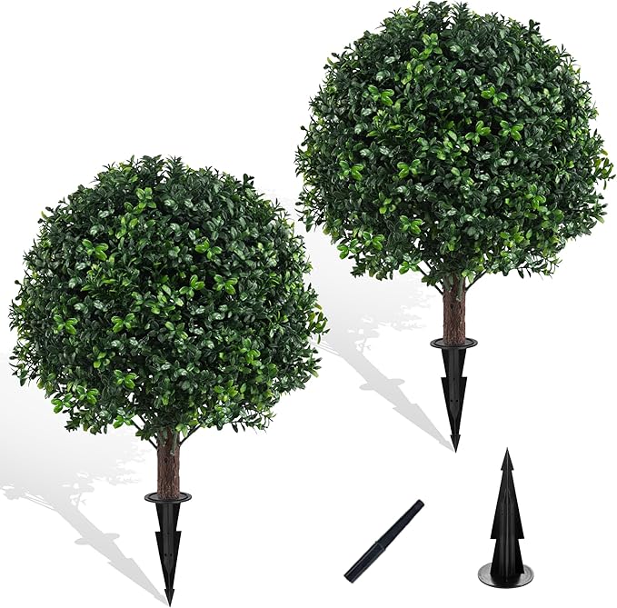 Set of 2 Artificial Boxwood Ball Trees for Outdoor with Spike, UV Resistant Faux Topiary Ball, Fake Plants Greenery Round Shrubs Bushes for Entryway Front Porch Decor