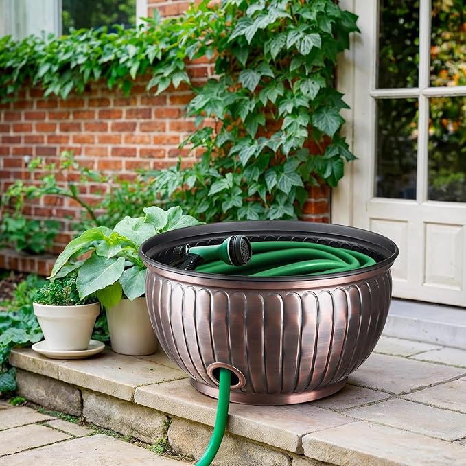 Monarch Abode Garden Hose Holder with Lid – Decorative Water Hose Holders for Outside, Arch Embossed Metal Antique Copper Pot with Drainage, 100ft Waterhose Holder for Outside, Garden Storage Caddy