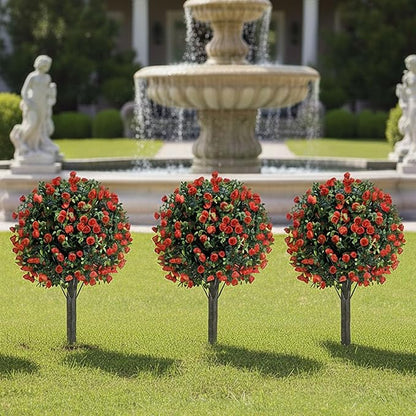 23 Inch Artificial Rose Topiary Balls Tree, UV Resistant Faux Boxwood Trees with Ground Spike, Perfect for Indoor & Outdoor Garden, Porch, Front Door, and Home Décor, Set of 2