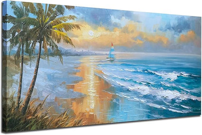 Enartly 3D Textured Seascape Wall Art for Living Room, Ocean Nature Coconut Tree Landscape Canvas Painting Artwork Framed Bedroom Bathroom Hallway Home Office Wall Decor, 40"x20"
