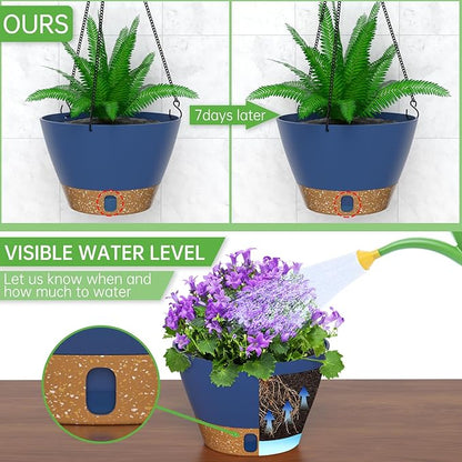 ZMTECH 8 Inch Hanging Planters for Indoor Plants, Hanging Baskets for Plants Outdoor with Visible Water Level, Hanging Flower Pots with Drainage Holes & Removable Tray(2 Pack, Blue)