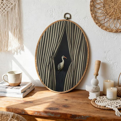 DEQSX Vintage Crane Oval Wall Art, Striped Curtain Moody Modern Abstract Surreal Bird Wall Decor Canvas Prints Posters for Home Bedroom Living Room, 8.6x11.4 Inches