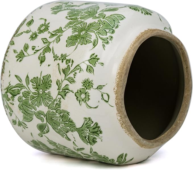Ceramic Pot for Plant,Crackle Glaze Vintage Plant Pots with Drainage Hole,5.51inch Corrugated Surface Planter for Indoor (Green