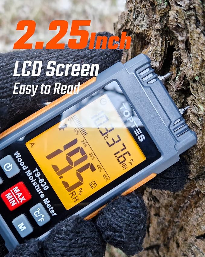 Wood Moisture Meter, TopTes Digital Moisture Meter TS-630, Handheld Humidity Tester with 2.25-inch LCD Display, Tricolor Backlight, Check The Dampness Level on Firewood/Drywall - Orange