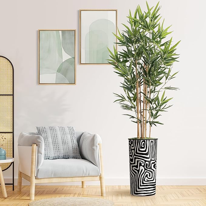Artificial Tree in Modern Geometric Pattern Planter, Fake Bamboo Silk TRE for Indoor and Outdoor Home Decoration - 70" Overall Tall (Plant Pot Plus Tree)
