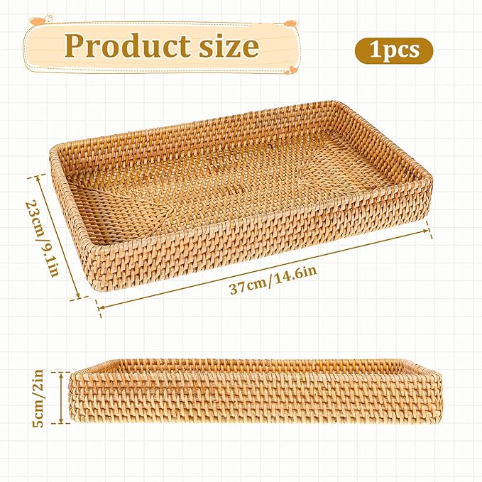 Wicker Storage Basket Rattan Tray Rectangular Wicker Basket Decorative Serving Tray Fruit Baskets Food Serving Holders Woven Baskets for Storage Home Kitchen Restaurant Decor (14.6 x 9 x 2 inches)
