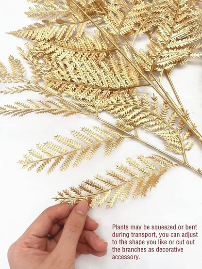 Artificial Plants Christmas Decor, PASYOU Gold Fern Fake Flowers Shrubs Plastic Grass Leaves Indoor Outdoor Home Garden Hotel Verandah Wedding Party Event Faux DIY Decoration, 30 Inch Golden 2 Bunches