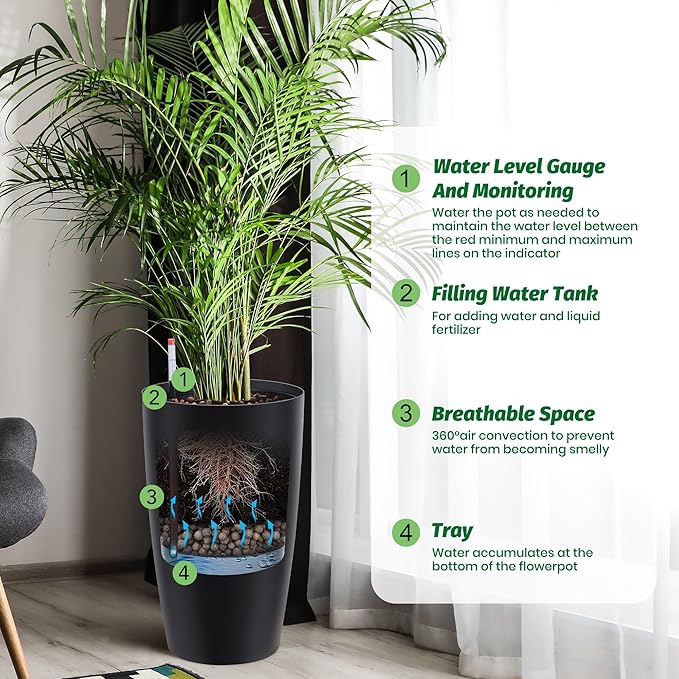 IDEALHOUSE Set of 2 Tall Planters for Outdoor Plants - 22 in Large Planters for Outdoor Indoor Plants with Water Level Monitor, Inner Bucket, Automatic Watering, for Porch, Patio, Backyard, Black
