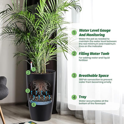 IDEALHOUSE Set of 2 Tall Planters for Outdoor Plants - 22 in Large Planters for Outdoor Indoor Plants with Water Level Monitor, Inner Bucket, Automatic Watering, for Porch, Patio, Backyard, Black