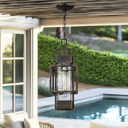 15" Outdoor Indoor Pendant Light Exterior Hanging Lantern, Modern Black Metal Outside Chandelier Light Fixture Ceiling Mount with Water Glass for Front Porch Entrance Foyer Entryway, Black Brush Gold