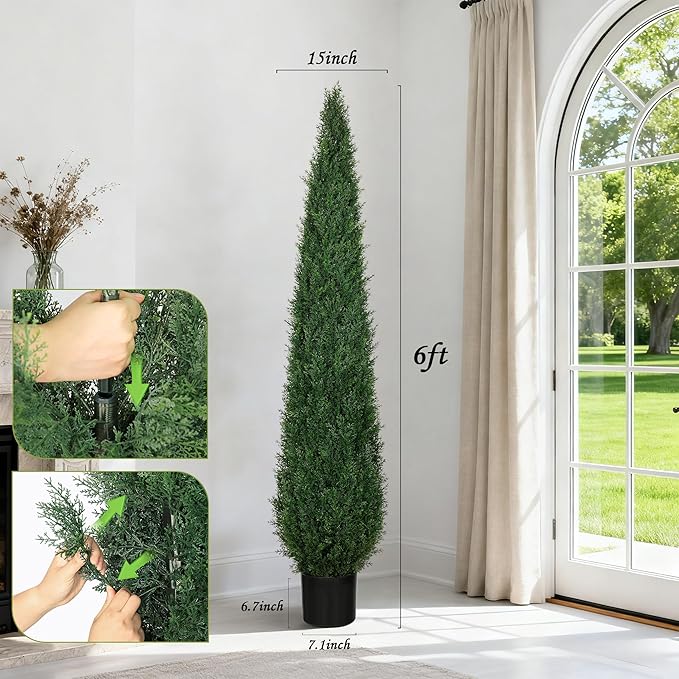 Artificial Cedar Trees for Outdoors 6 ft Faux Cypress Topiary - Tall and Large, Heavy Duty, UV Resistant and Realistic Fake Pine Shrubs Bushes for Patio Yard Balcony Garden, Set of 2