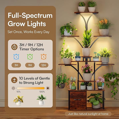 63" Plant Stand Indoor with Grow Lights, 10 Tiered Plant Shelf with Drawer, Corner Plant Stands for Indoor Plants, Metal Plant Flower Display Shelf, Tree-Shaped Plant Rack for Home, Black (2, Black)