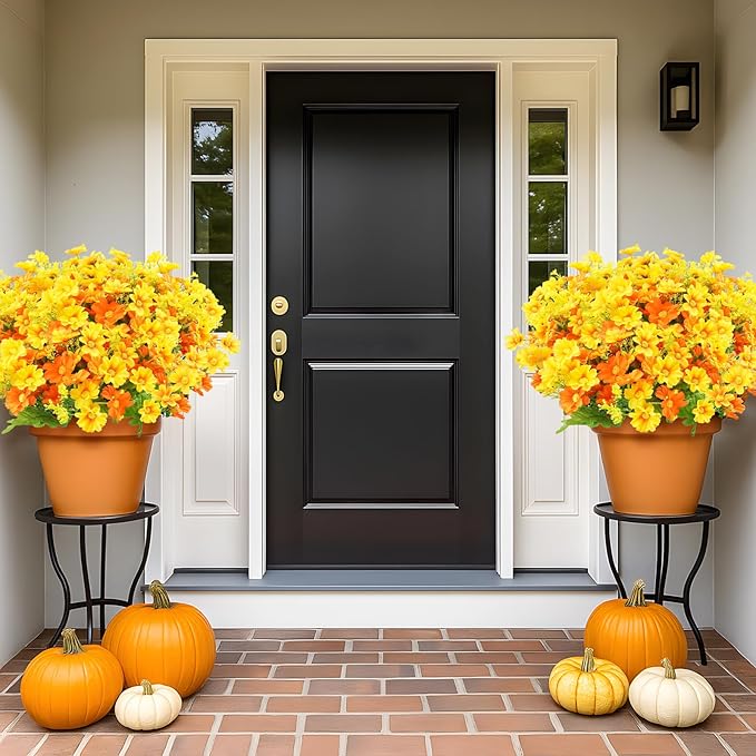 Uieke 12 Bundles Artificial Flowers for Outdoors UV Resistant Fake Daisy Mums Flowers Bulk No Fade Greenery Shrubs for Outside Home Wedding Window Box Garden Porch Fall Décor (Orange Yellow)