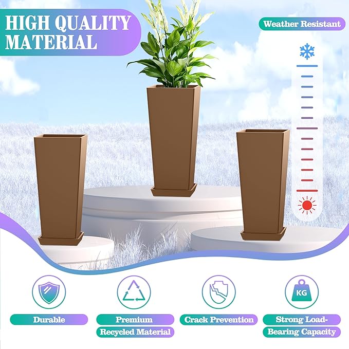 24 Inch Tall Tapered Square Planters (Set of 2) - Indoor Outdoor Large Flower Pots with Built-in Drainage & Matching Water Tray for Patio, Garden, Home - Brown