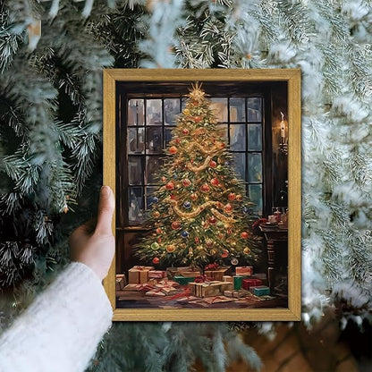 Christmas Canvas Wall Art, Vintage Christmas Tree Decor, Living Room Pine Tree Decorations, Winter Cottagecore, Decor for Bedroom Bathroom Xmas Holiday Decorations Gifts 8x10 Inch Wood Framed