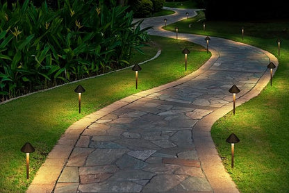 GKOLED Solid Brass Landscape Path Lights (5" Shade, 20" Tall), Low Voltage LED 3W 12-24V AC/DC Conehead Path Lighting, 2700K Outdoor Waterproof Walkway Light, with Stake and G4 Bulb, 2 Pack