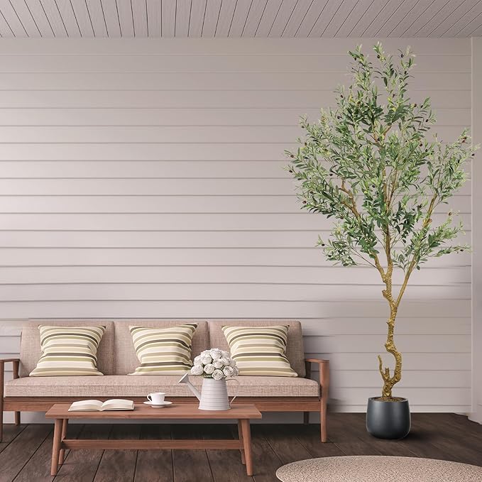 Artificial Fake Olive Tree 8FT Tall 1Pack Faux Silk Olive Tree for Home Living Room Office Decor Faux Artificial Plants Indoor Fake Potted Plants with Fruit & Free Moss