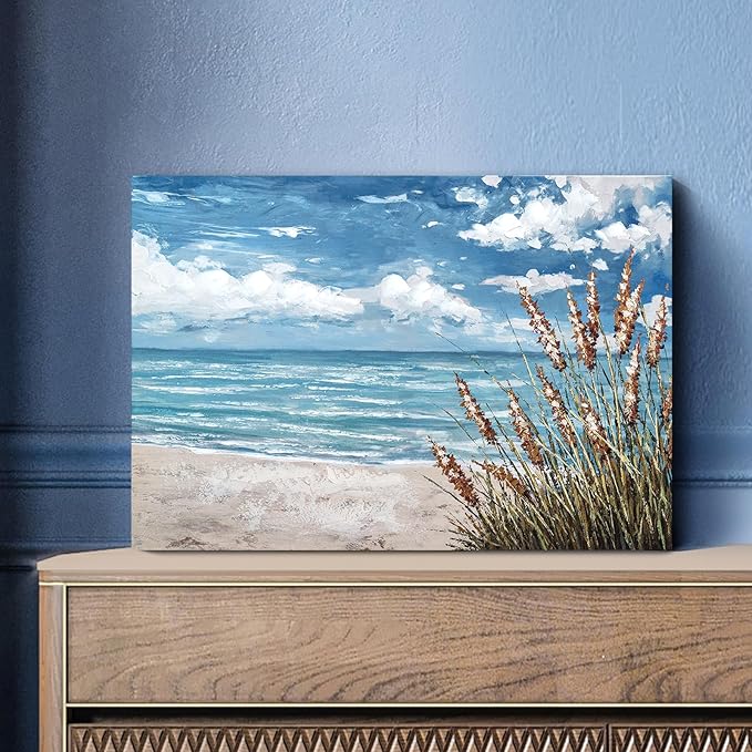 Beach Scene Wall Art, large Blue Ocean Seascape Painting,Seaside weed Coastal Canvas oil Painting Seascape Paintings Coastal Picture Framed Artwork for Living Room Bedroom Office Decor 40" x 28"